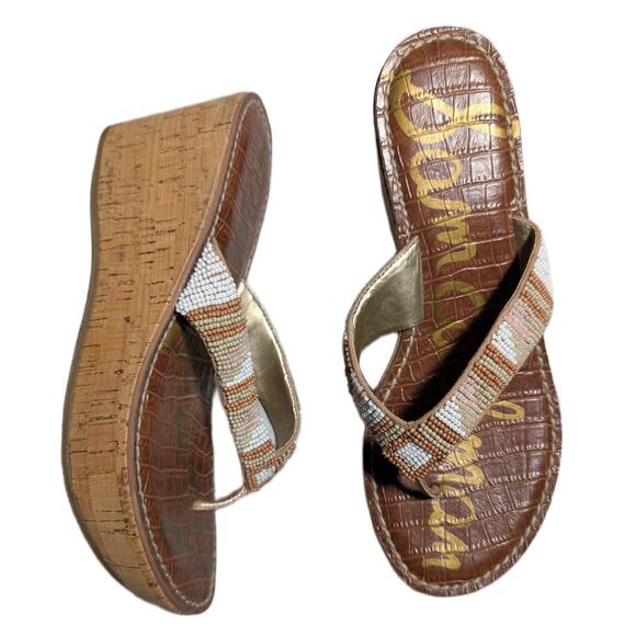 Sam Edelman Rosa Tribal Beaded Cork Platform Toe Post Thong Sandals Sz 7.5 - Picture 1 of 6